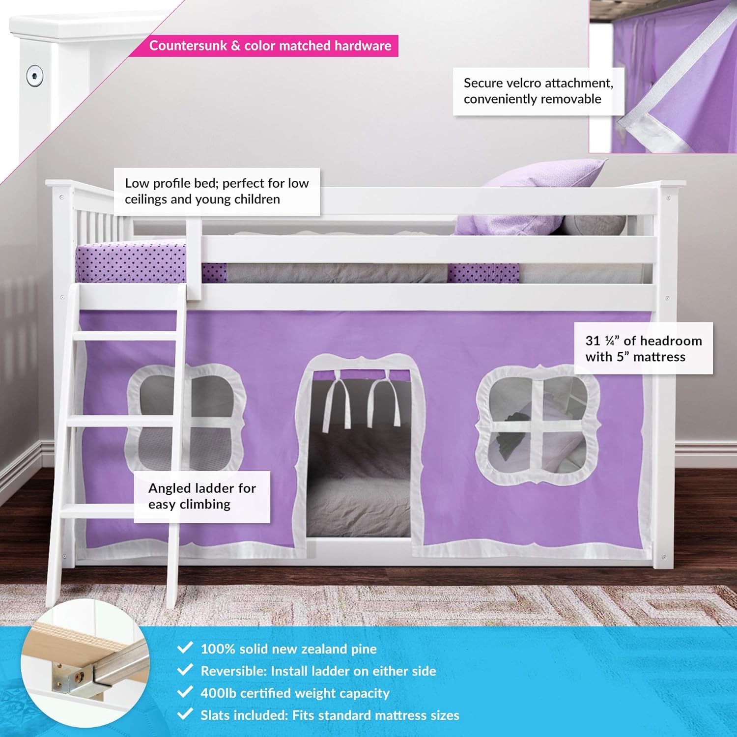 Max and Lily Twin Low Loft Bed - feature callouts on a white frame with purple play tent noting the low profile design, 31 1/4 inches of headroom, angled ladder, and velcro-attached removable tent.