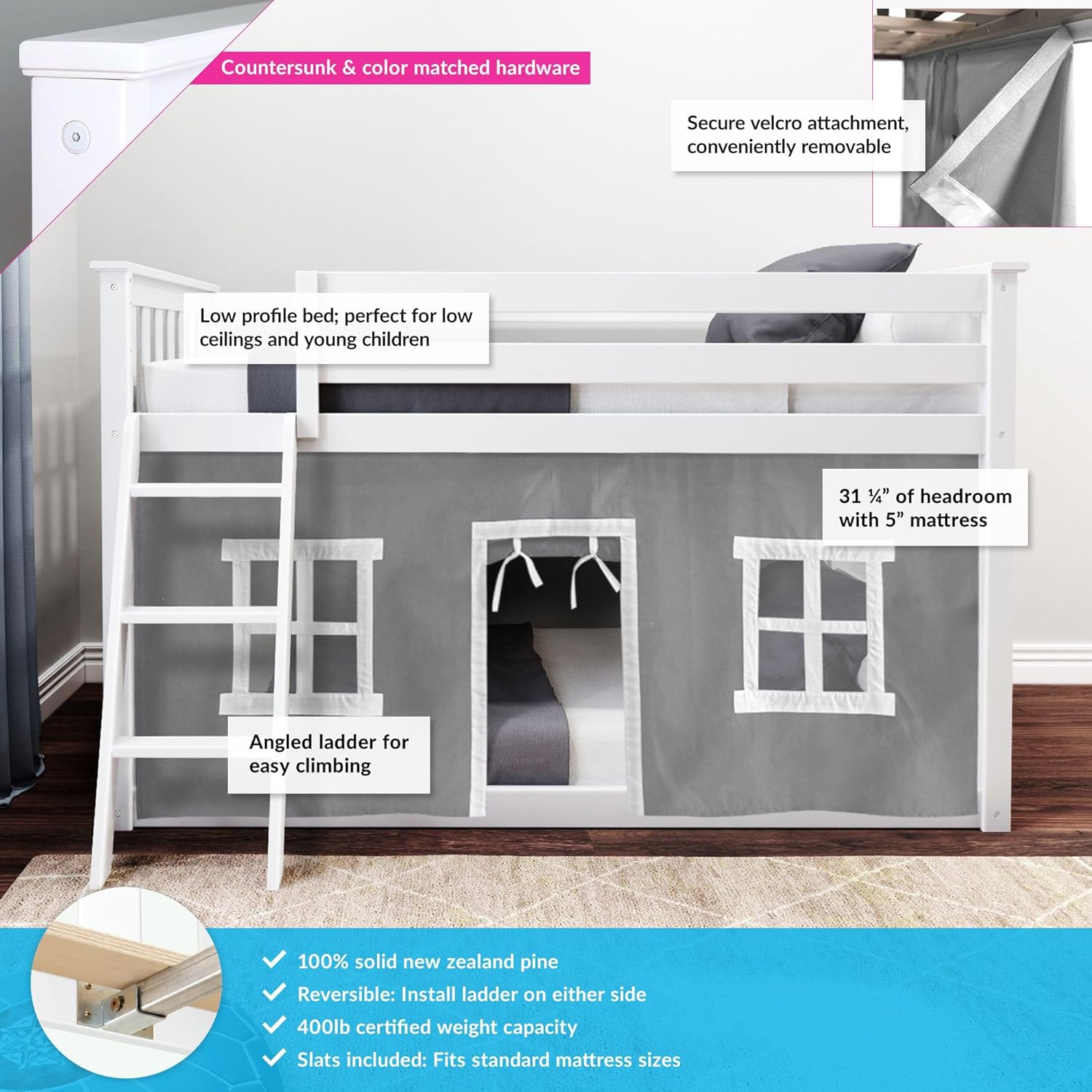 Max and Lily Twin Low Loft Bed - feature callouts on a white frame with grey play tent noting the low profile design, 31 1/4 inches of headroom, angled ladder, and velcro-attached removable tent.