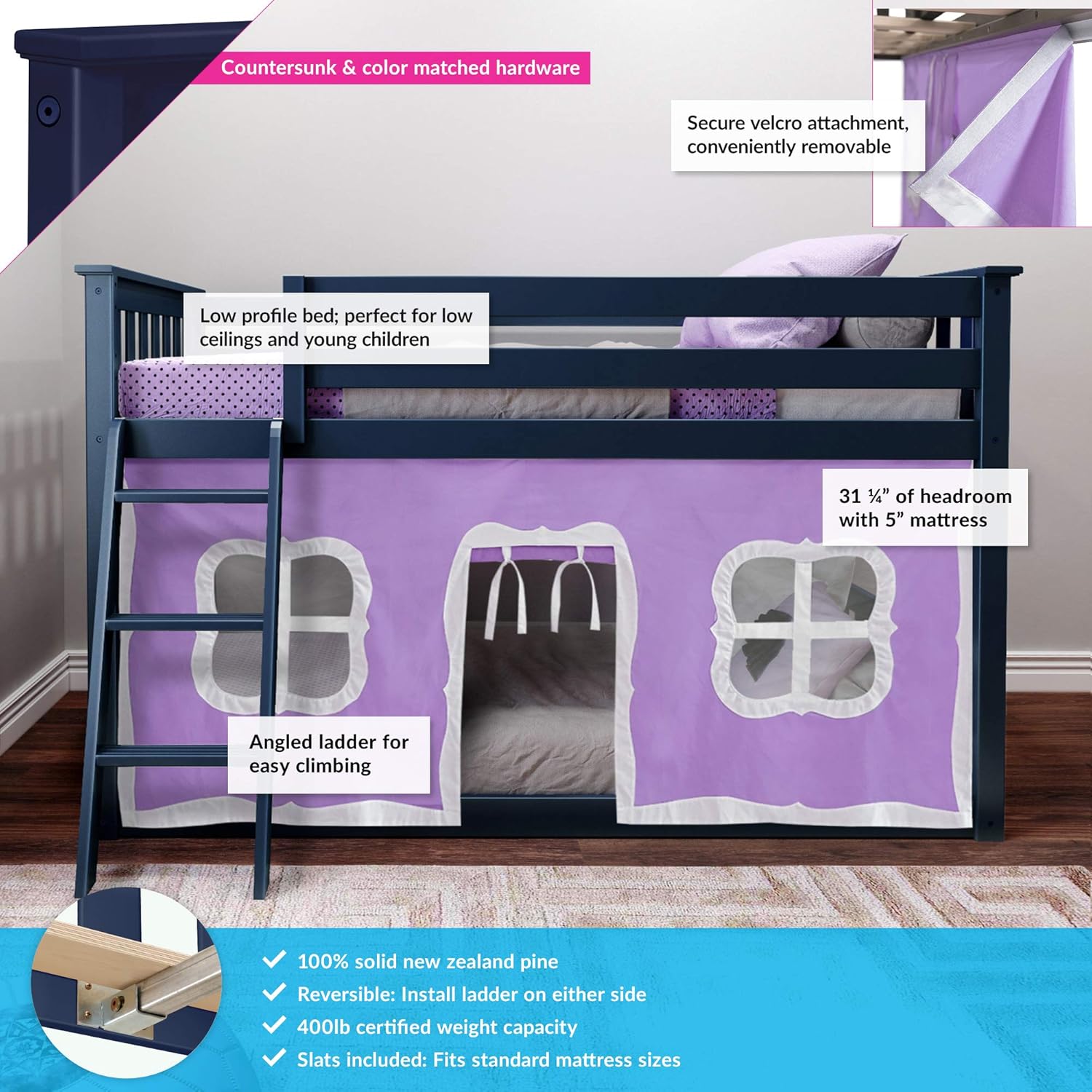 Max and Lily Twin Low Loft Bed With Ladder And Curtains - feature callouts highlighting the angled ladder, removable velcro play curtain with window openings, low profile design, headroom clearance, and certified weight capacity