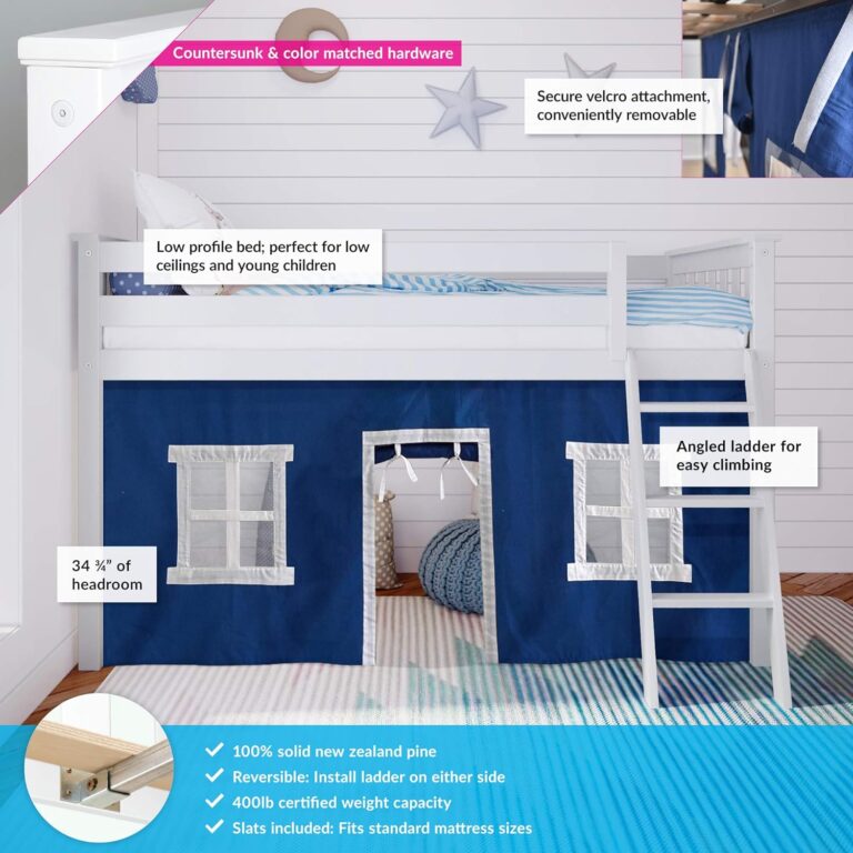 Max And Lily Twin Low Loft Bed With Ladder And Curtains Features Diagram 3 Max and Lily Twin Low Loft Bed - feature callouts noting the low profile design, 34 3/4 inches of headroom, angled ladder, velcro-attached tent, and 100% solid pine construction with 400 lb capacity.