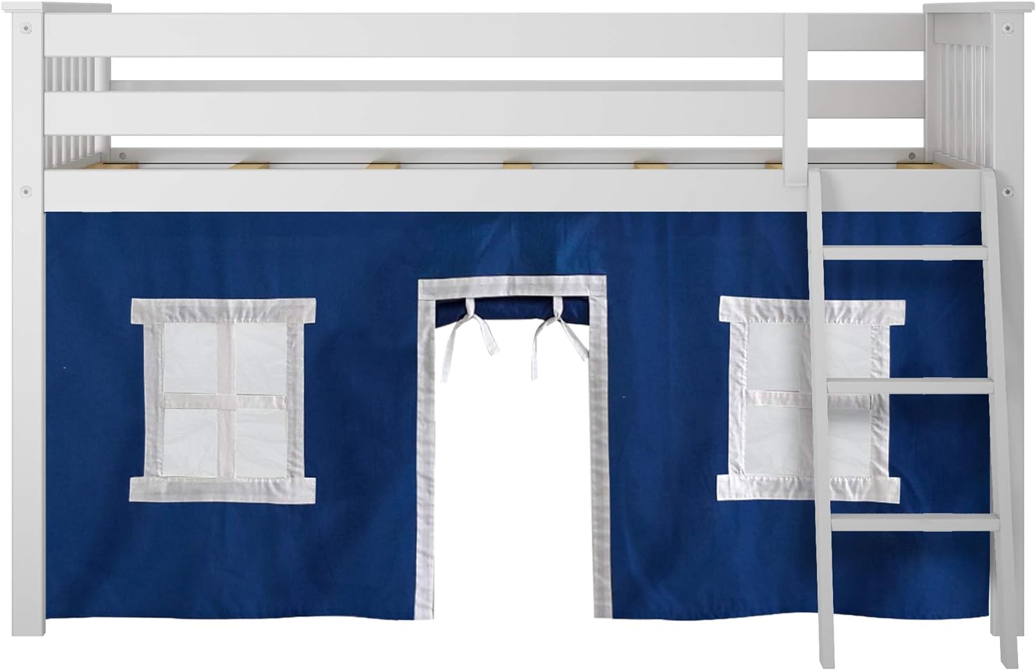 Max and Lily Twin Low Loft Bed - front view of the blue and white play tent with two windows, a curtained doorway, and the ladder on the right.