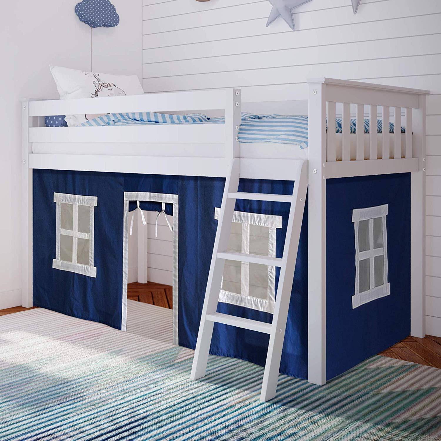 Max and Lily Twin Low Loft Bed - styled kids' room scene showing the low loft bed with blue play tent, windows, curtained door opening, and ladder on a striped rug.