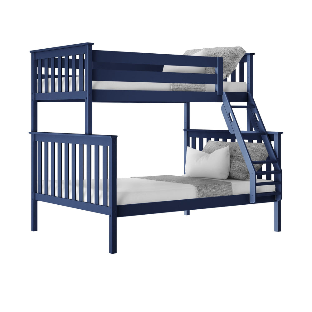 Max and Lily Twin Over Full Bunk Bed in Blue - angled studio view showing the angled ladder, upper guardrails, and made-up twin and full mattresses