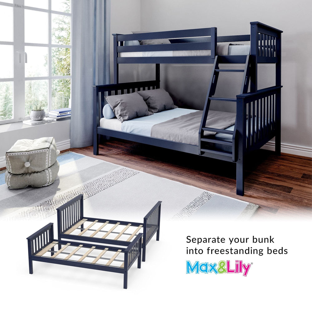 Max and Lily Twin Over Full Bunk Bed in Blue - room scene with inset showing the bunk separating into two freestanding beds
