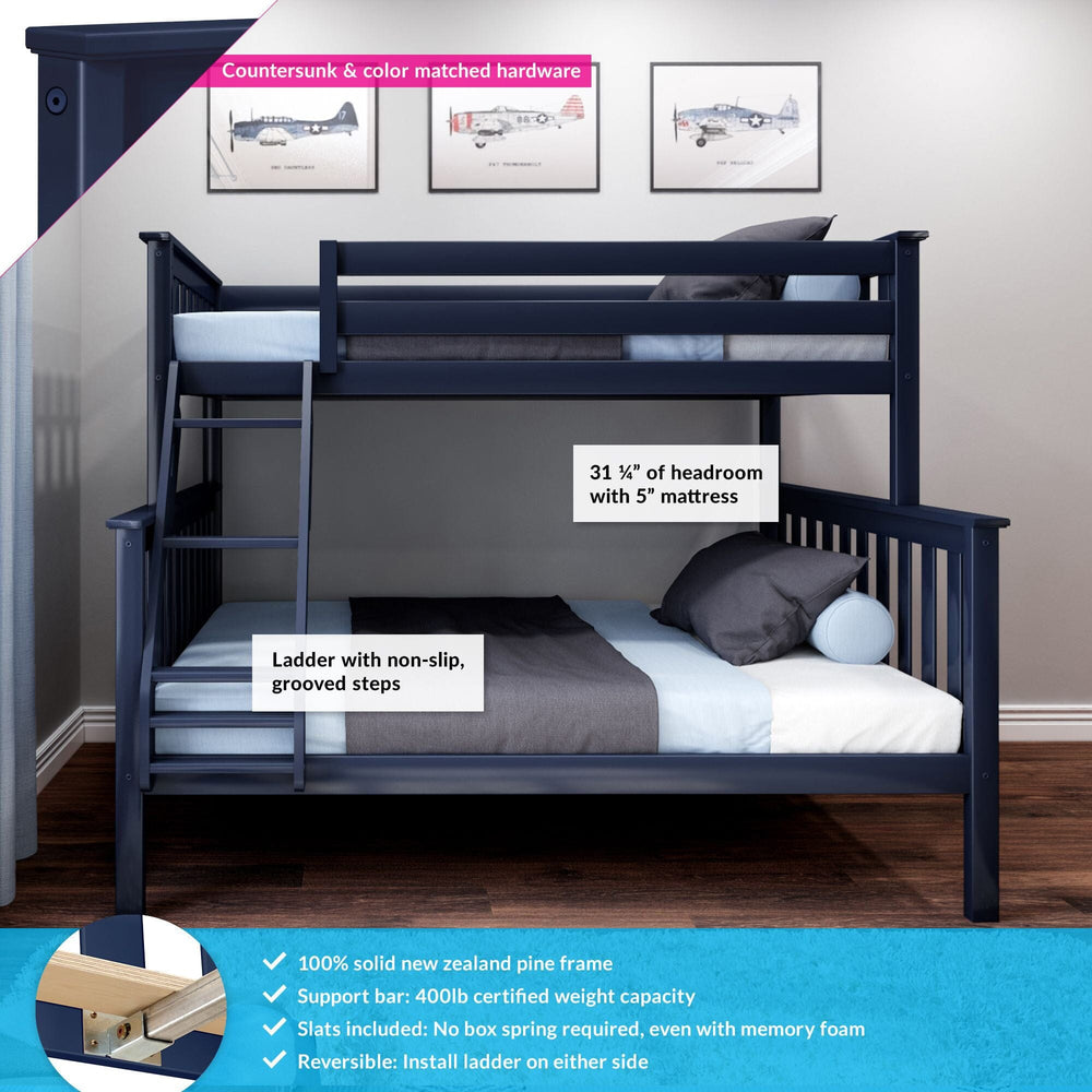 Max and Lily Twin Over Full Bunk Bed in Blue - side view in a bedroom with callouts for countersunk hardware, non-slip grooved ladder steps, and 400 lb support bars