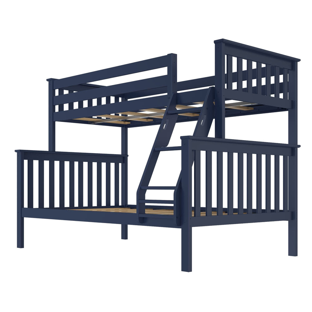 Max and Lily Twin Over Full Bunk Bed in Blue - angled view of the bare frame showing the included wooden support slats on both bunks