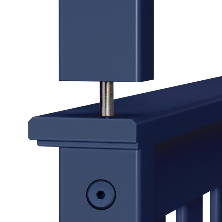 Max And Lily Twin Over Full Bunk Bed Blue Hardware Closeup Max and Lily Twin Over Full Bunk Bed in Blue - closeup of the countersunk bolt and metal dowel pin that connect the bed posts