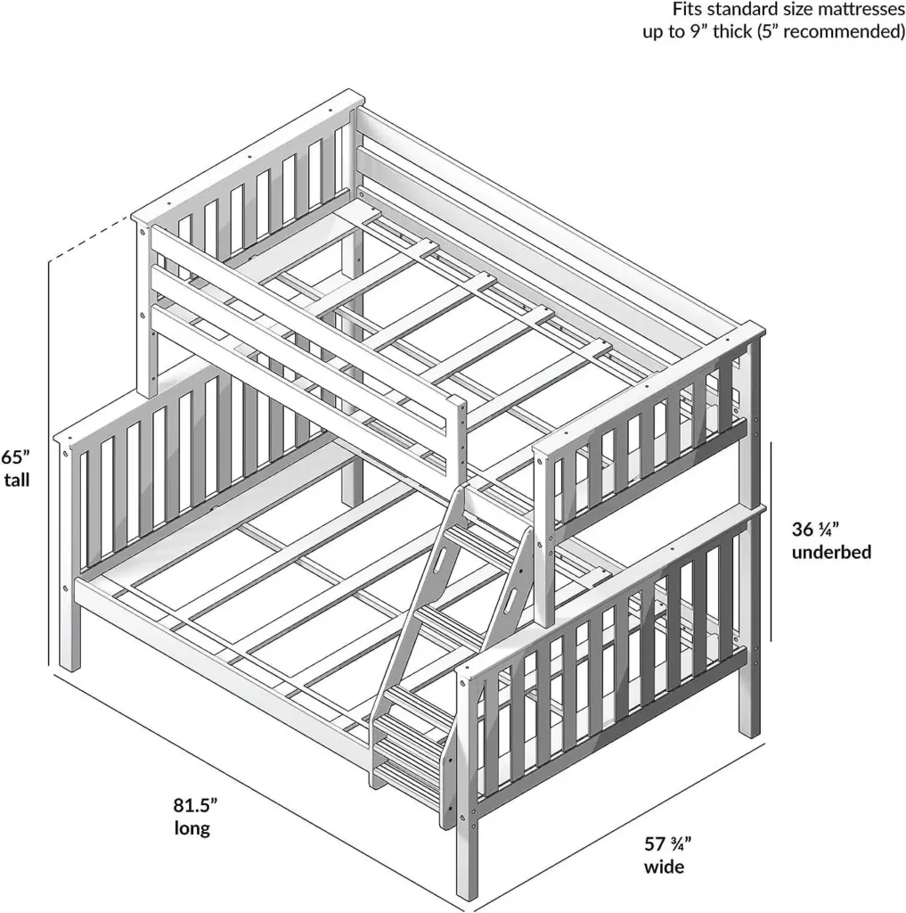 Max And Lily Twin Over Full Bunk Bed Dimensions Diagram Max and Lily Twin Over Full Bunk Bed - dimensions diagram showing 65 inch height, 81.5 inch length, 57.75 inch width and 36.25 inch underbed clearance