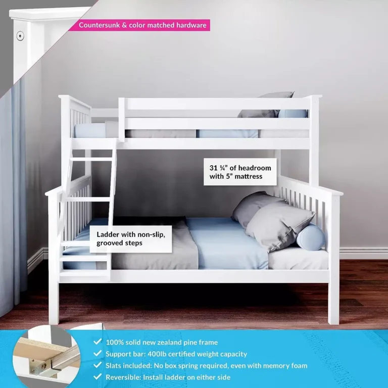 Max And Lily Twin Over Full Bunk Bed Feature Callouts Max and Lily Twin Over Full Bunk Bed - side view with feature callouts for headroom, non-slip grooved ladder steps and 400lb certified support bar