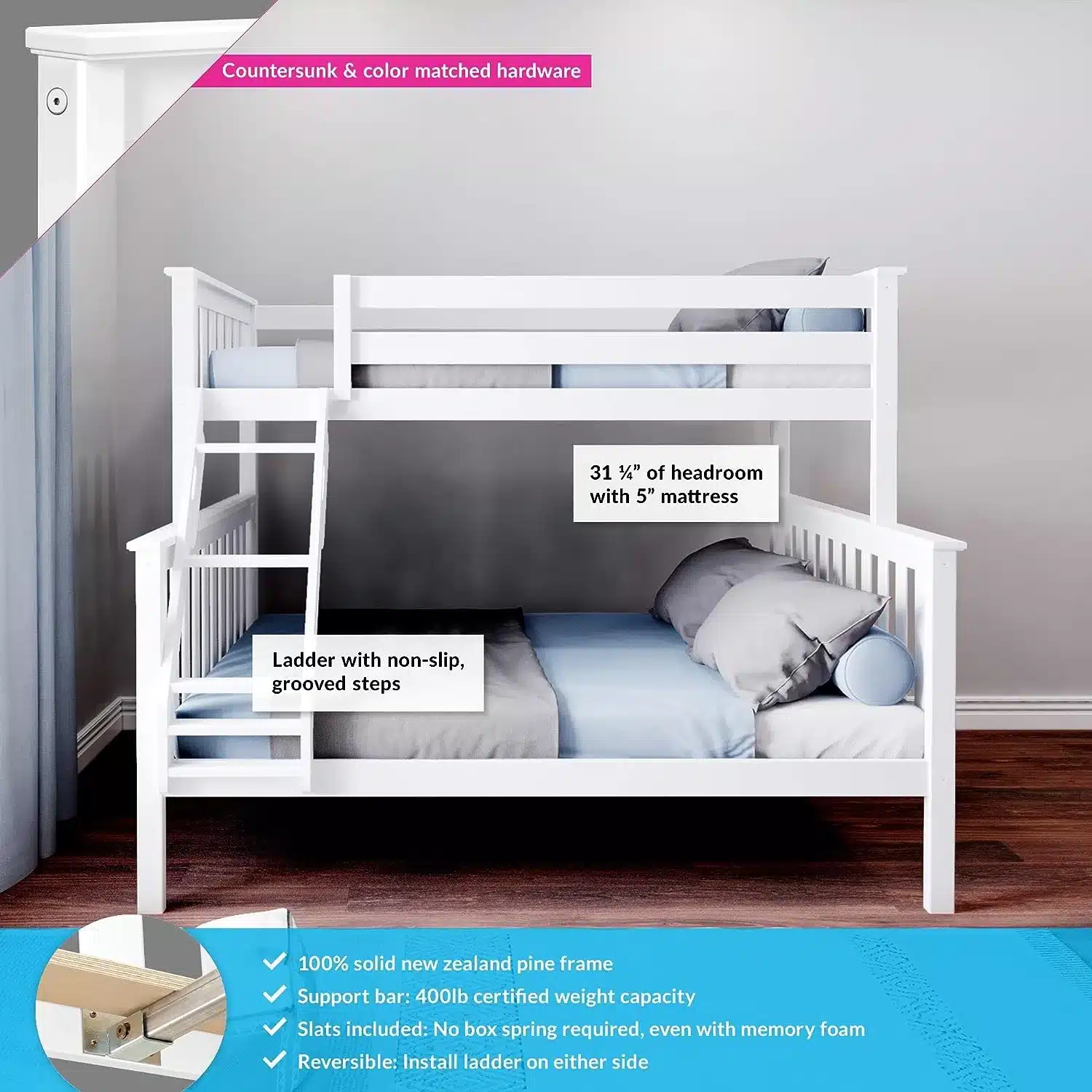 Max and Lily Twin Over Full Bunk Bed - side view with feature callouts for headroom, non-slip grooved ladder steps and 400lb certified support bar