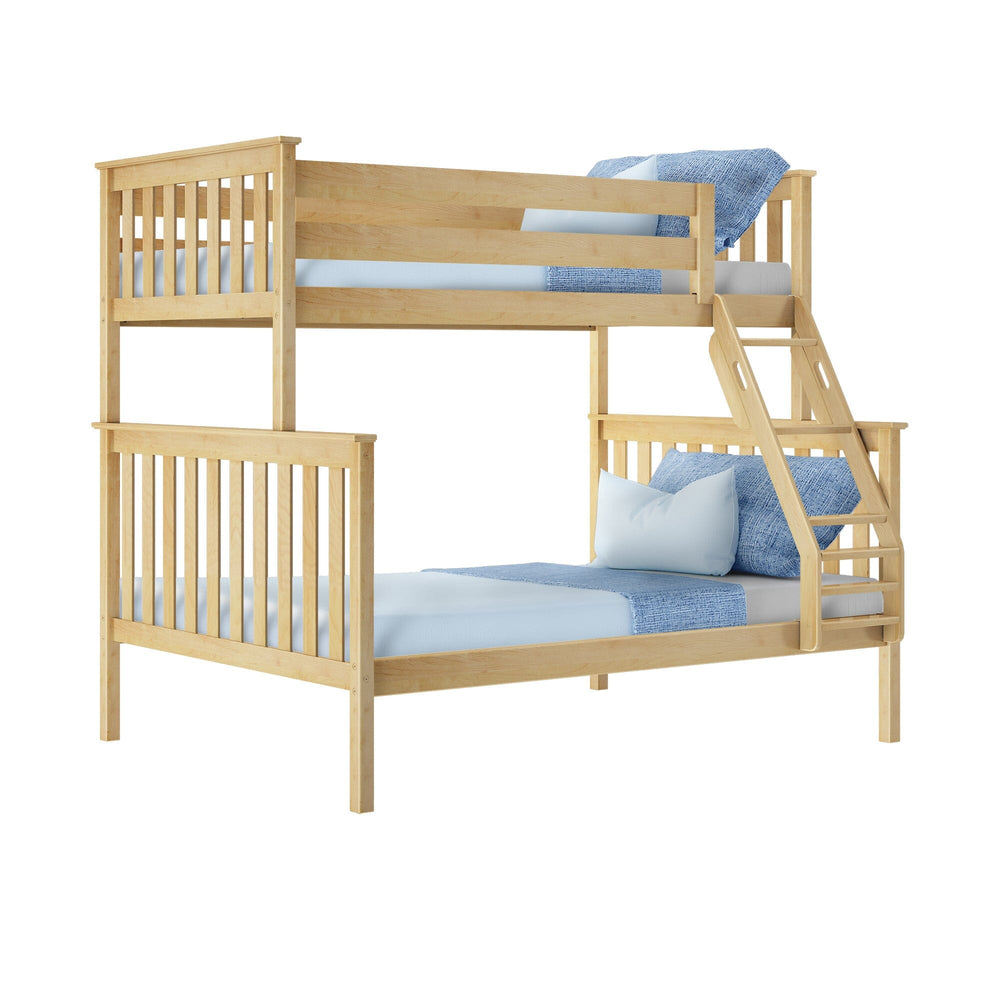 Max and Lily Twin Over Full Bunk Bed in Natural - angle view with blue bedding showing the slatted headboards, top bunk guardrails and angled ladder