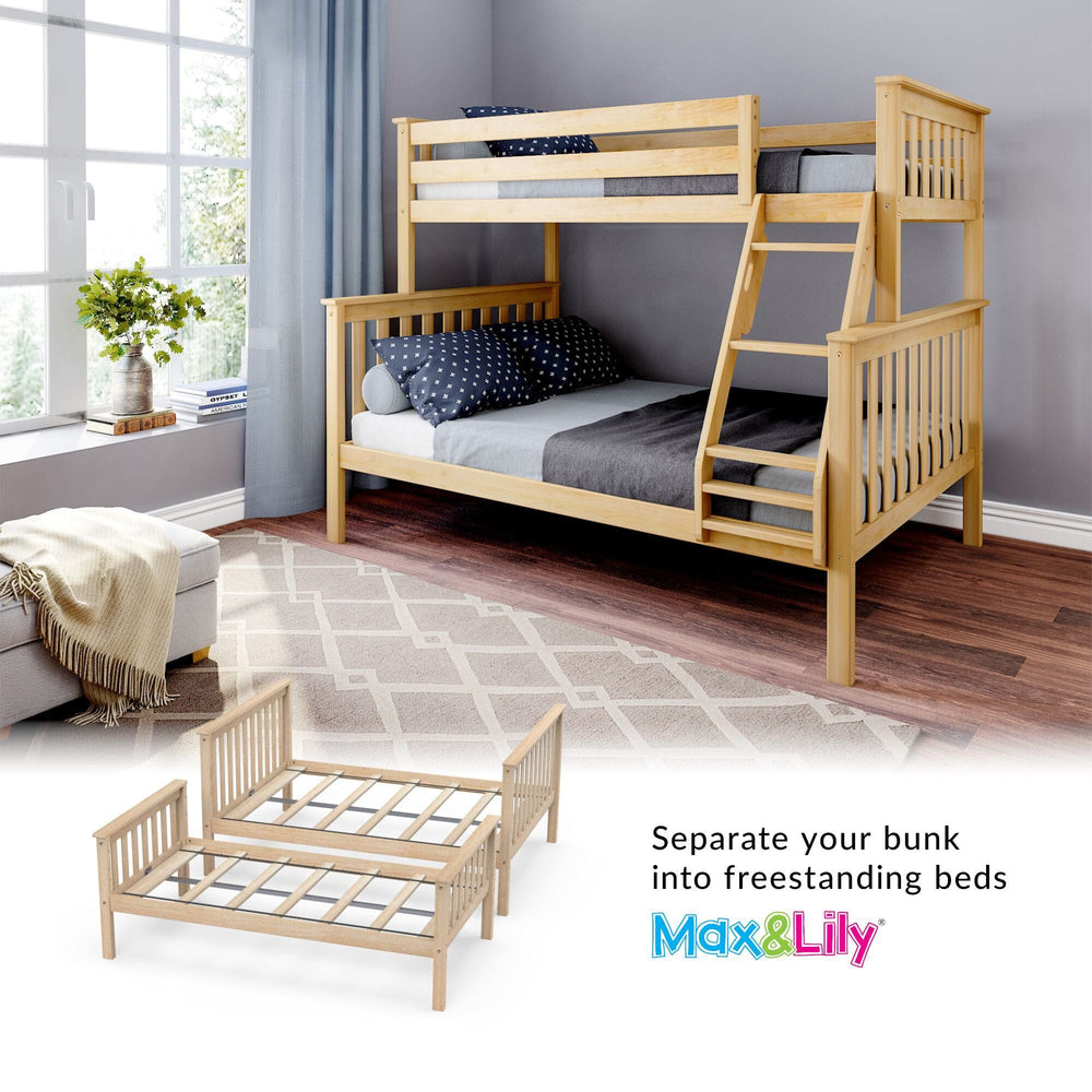 Max and Lily Twin Over Full Bunk Bed in Natural - room scene with inset showing the bunk separating into two freestanding twin and full beds