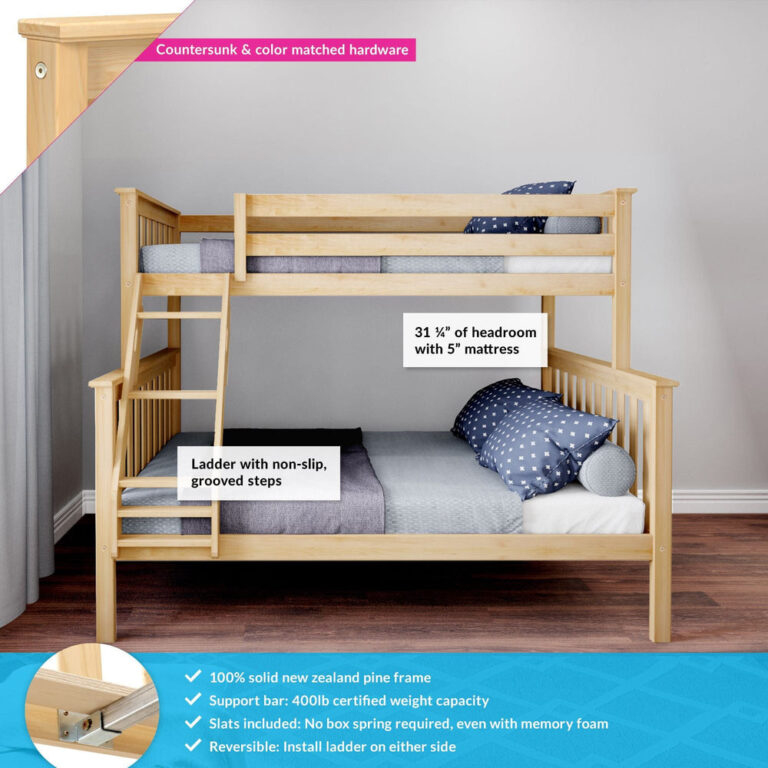 Max And Lily Twin Over Full Bunk Bed Natural Features Diagram Max and Lily Twin Over Full Bunk Bed in Natural - feature callouts showing the non-slip grooved ladder, 31-inch headroom, 400 lb support bar and solid New Zealand pine frame
