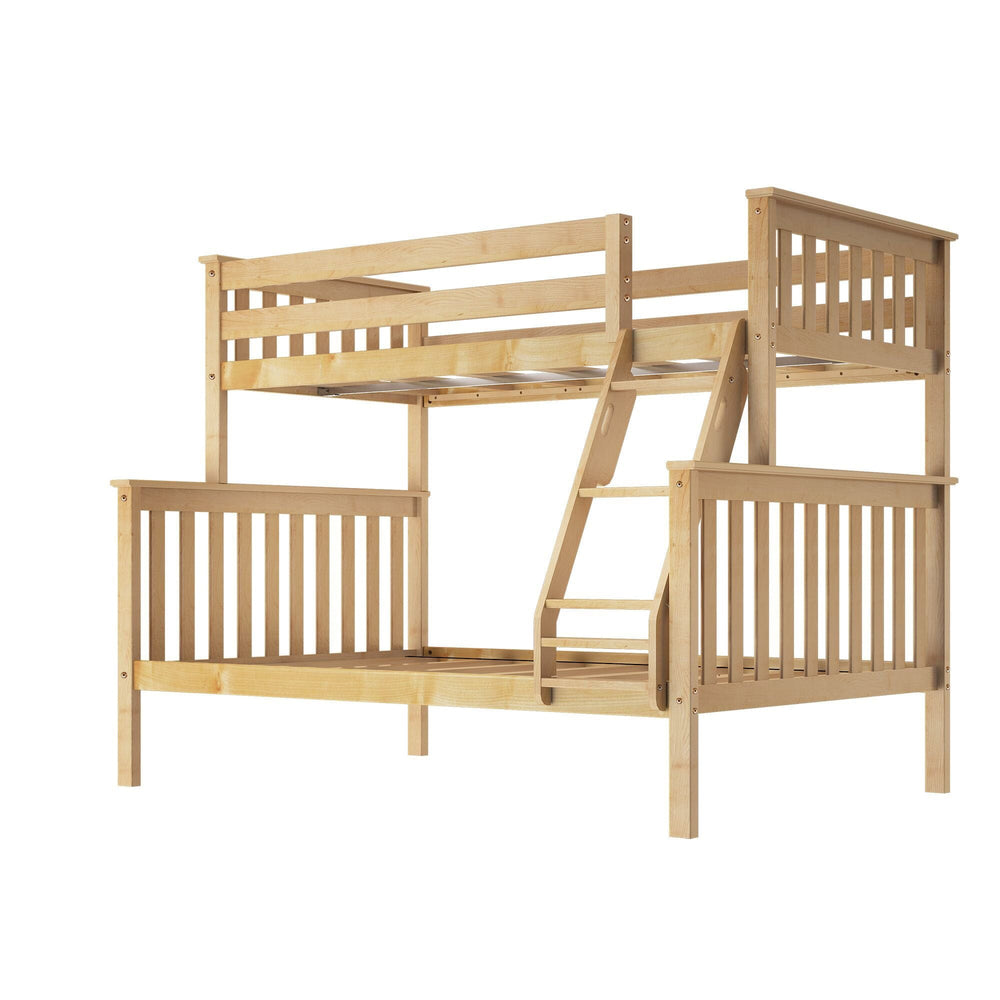 Max and Lily Twin Over Full Bunk Bed in Natural - bare frame angle view showing the included slat rolls, slatted head and foot boards and angled ladder