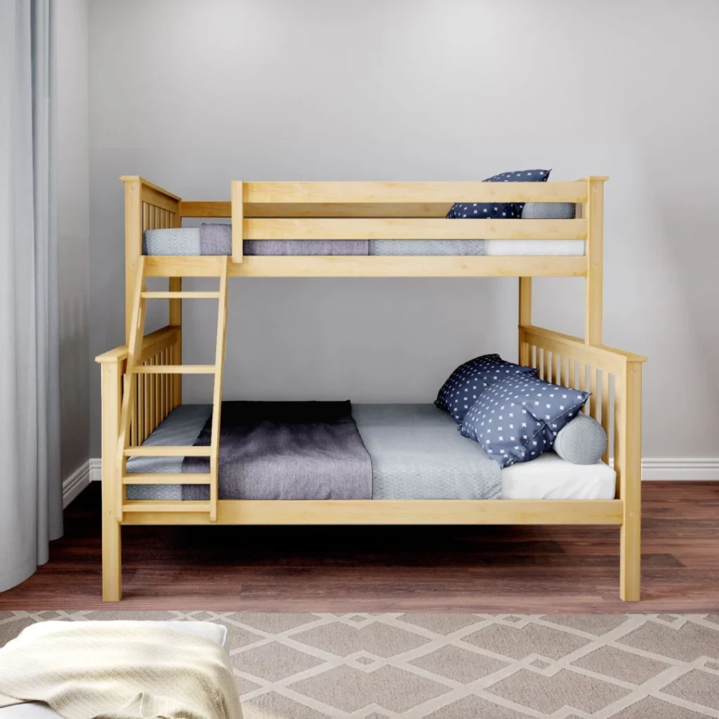 Max and Lily Twin Over Full Bunk Bed in Natural - front view in a bedroom setting showing the angled ladder, full-length upper guardrails, and slatted headboards