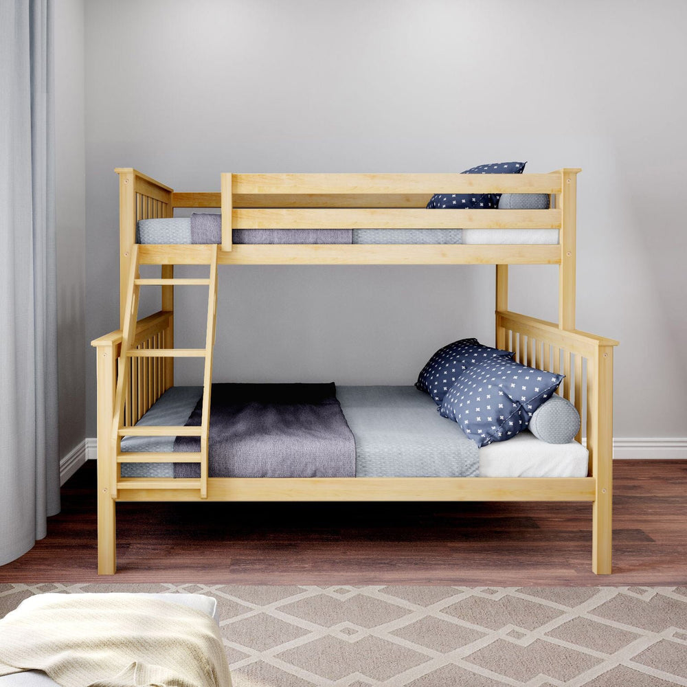 Max and Lily Twin Over Full Bunk Bed in Natural - front view in a bedroom with grey bedding, safety guardrails on the top bunk and an angled front ladder