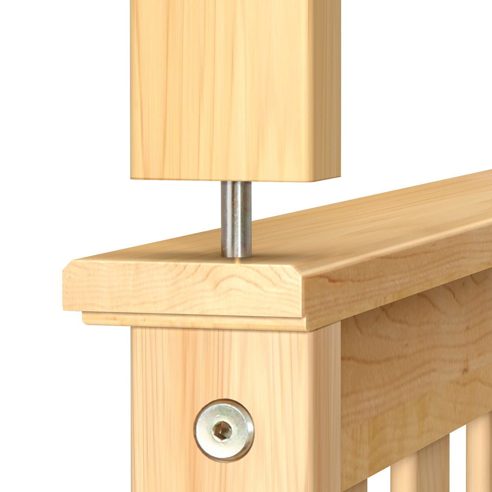 Max and Lily Twin Over Full Bunk Bed in Natural - closeup of the countersunk colour-matched hardware and metal pin joining the upper and lower bunk posts