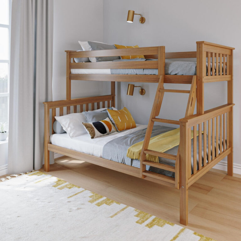 Max And Lily Twin Over Full Bunk Bed Pecan Angle View Max and Lily Twin Over Full Bunk Bed in Pecan - angled view of the bunk bed in a bright bedroom with made beds, safety guardrails, and an angled ladder to the top bunk