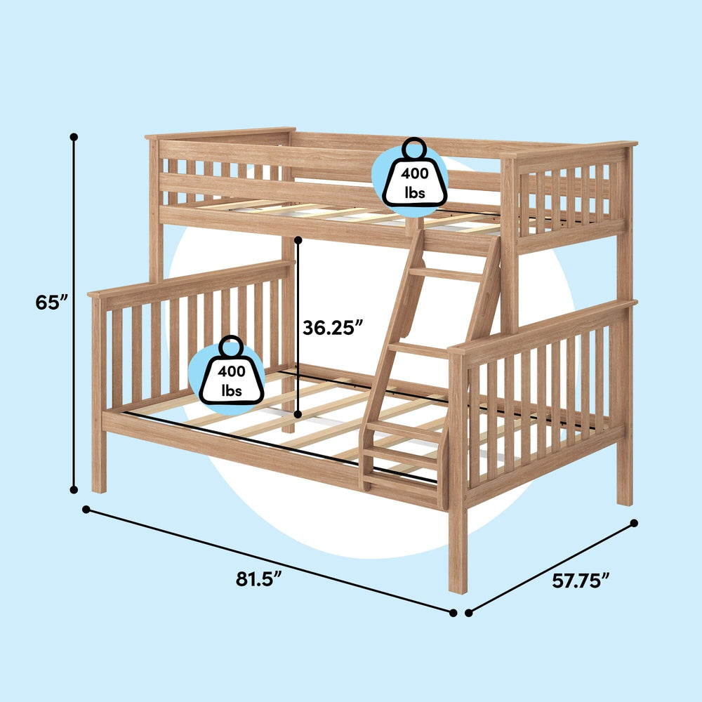 Max and Lily Twin Over Full Bunk Bed in Pecan - dimensions diagram showing 65 inch height, 81.5 inch length, 57.75 inch width, 36.25 inch under-bunk clearance, and 400 lbs capacity per bed