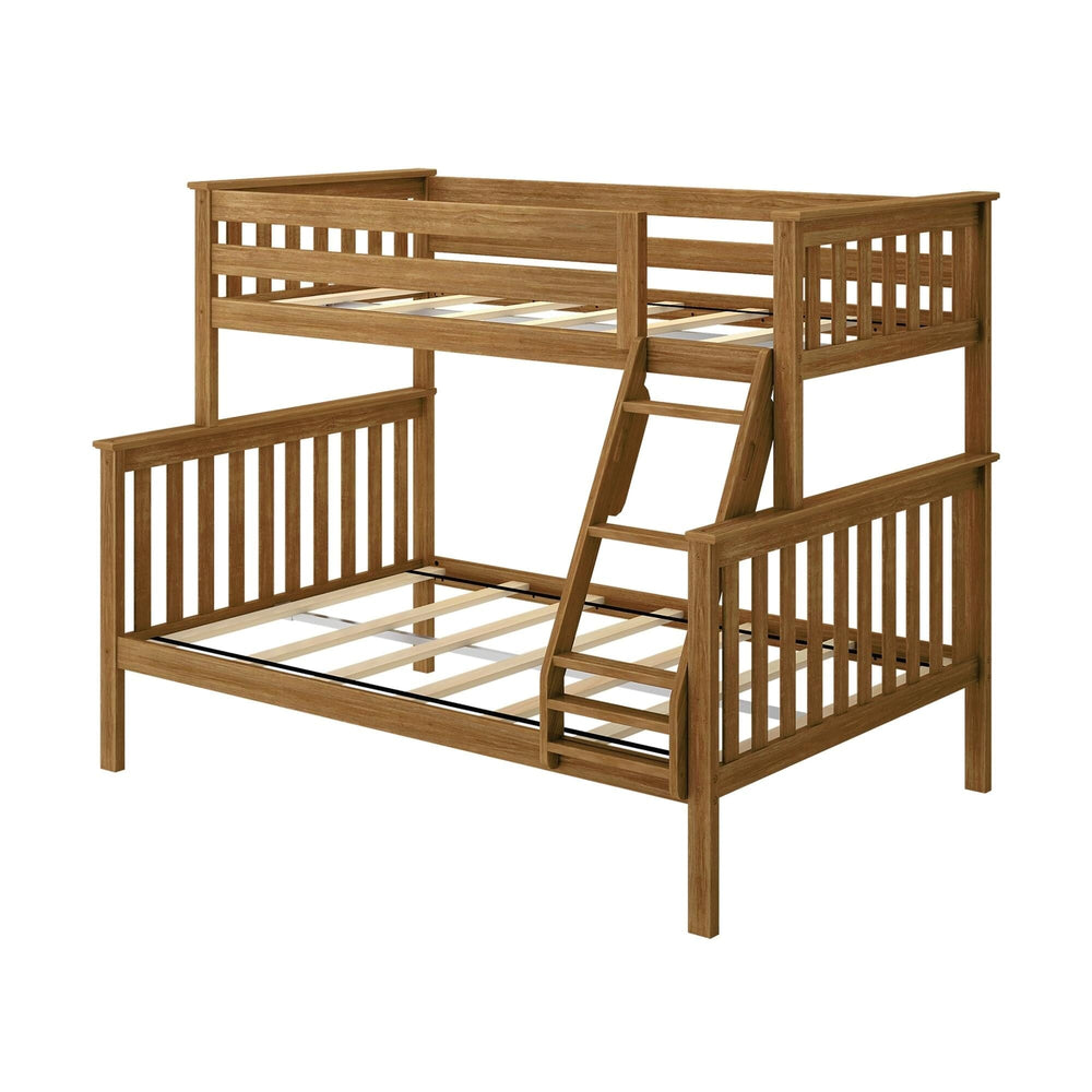 Max and Lily Twin Over Full Bunk Bed in Pecan - angled view of the bare wood frame showing the slat roll supports on both bunks, slatted end panels, and angled ladder