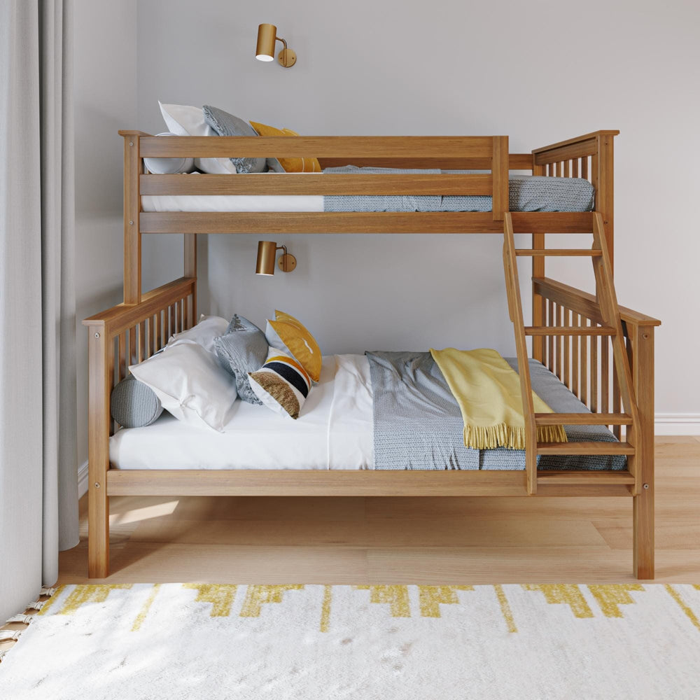 Max and Lily Twin Over Full Bunk Bed in Pecan - front view showing the twin top bunk with guardrails above the wider full-size lower bed and the angled access ladder