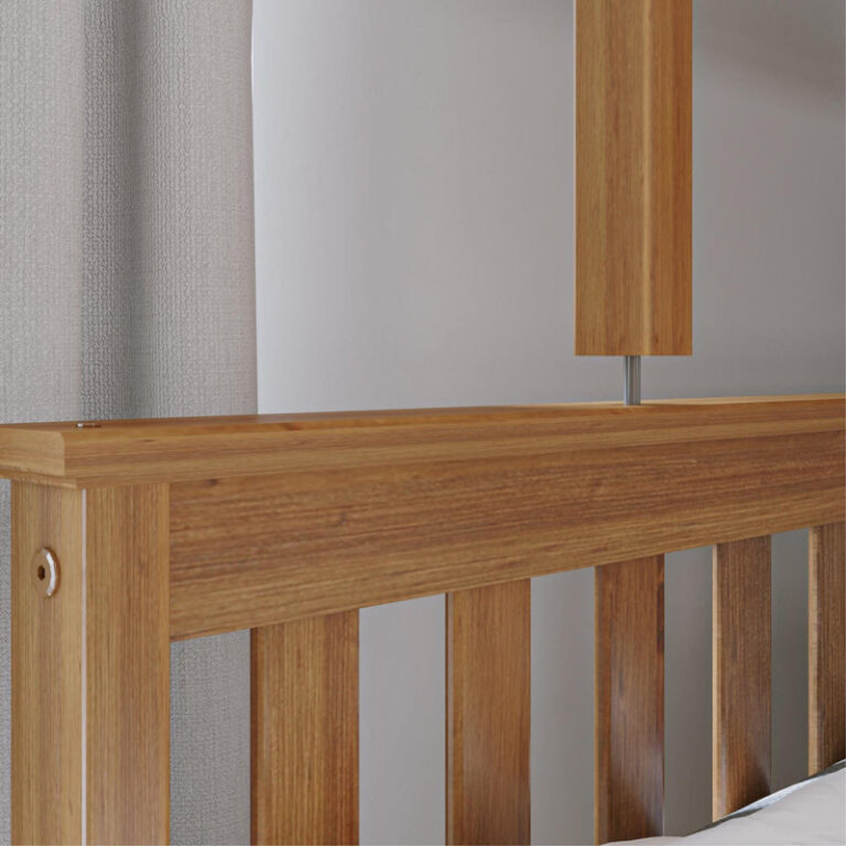 Max and Lily Twin Over Full Bunk Bed in Pecan - close-up of the slatted headboard top rail and the metal pin connection joining the upper bunk post.