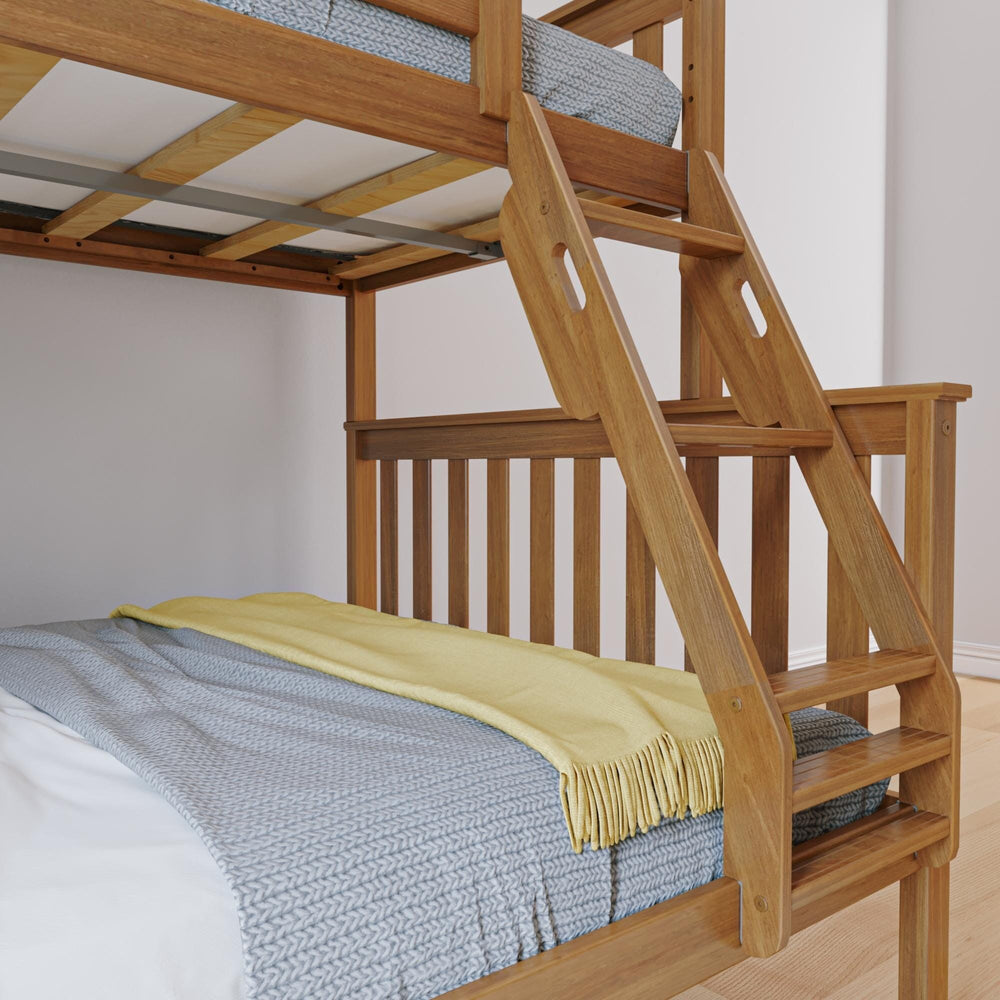Max and Lily Twin Over Full Bunk Bed in Pecan - closeup of the angled ladder with grooved steps and handhold cutouts beside the lower full bed