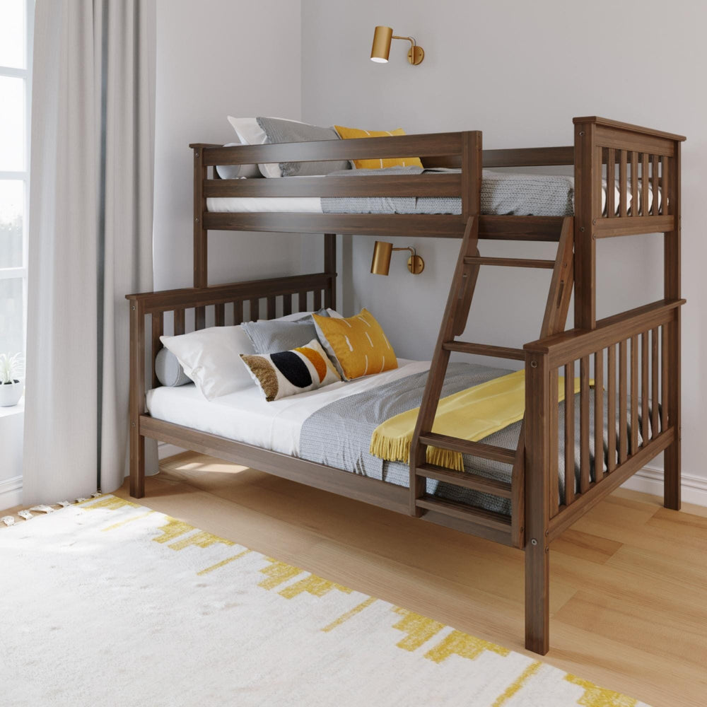 Max and Lily Twin Over Full Bunk Bed in Walnut - angled view in a styled bedroom with angled ladder, guardrails and layered grey and yellow bedding