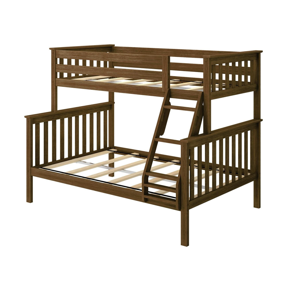 Max and Lily Twin Over Full Bunk Bed in Walnut - bare frame at an angle showing the slat supports on both bunks, no box spring needed