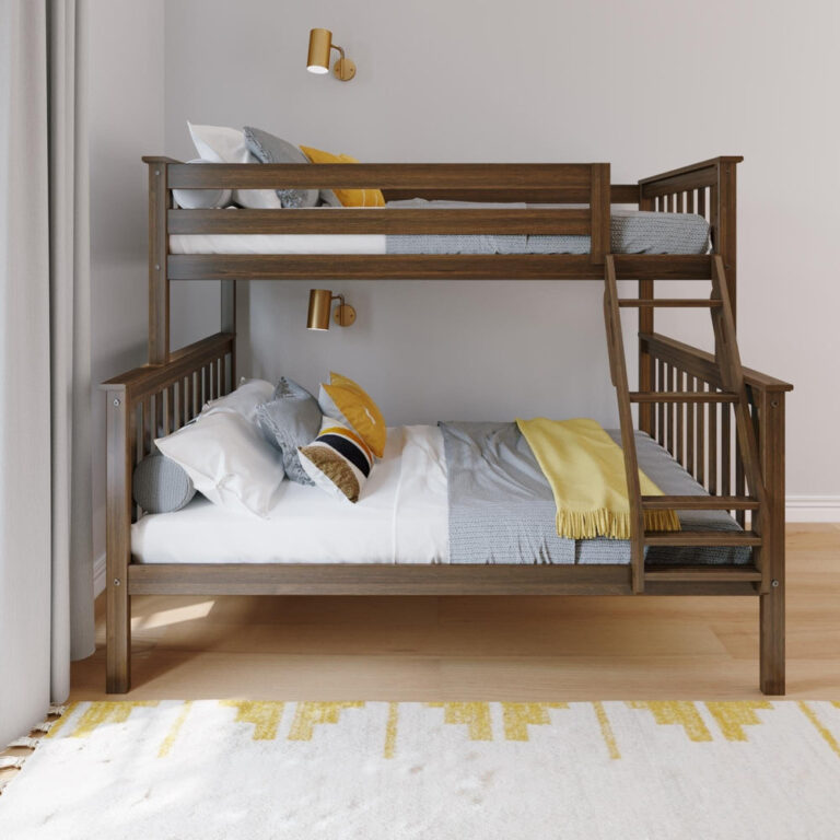 Max And Lily Twin Over Full Bunk Bed Walnut Front View Max and Lily Twin Over Full Bunk Bed in Walnut - front view in a bedroom showing the full-length top guardrails and angled ladder with steps