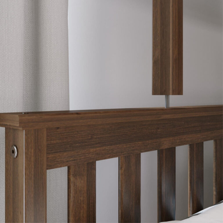 Max And Lily Twin Over Full Bunk Bed Walnut Headboard Detail Max and Lily Twin Over Full Bunk Bed in Walnut - close-up of the solid wood headboard rail, slats and post connection hardware