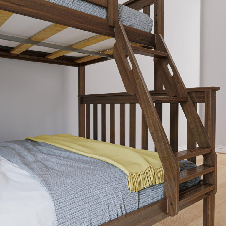 Max And Lily Twin Over Full Bunk Bed Walnut Ladder Detail Max and Lily Twin Over Full Bunk Bed in Walnut - close-up of the angled ladder with grooved steps and the slat supports under the top bunk