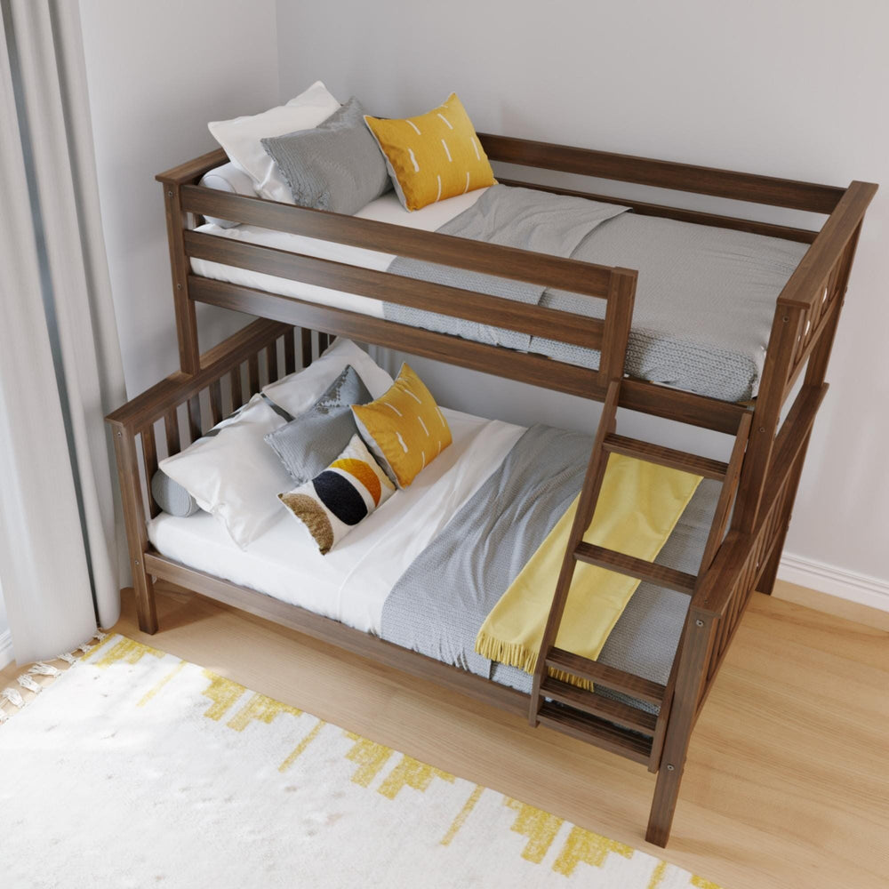 Max and Lily Twin Over Full Bunk Bed in Walnut - overhead angled view of both made-up bunks with guardrails and ladder in a bedroom setting