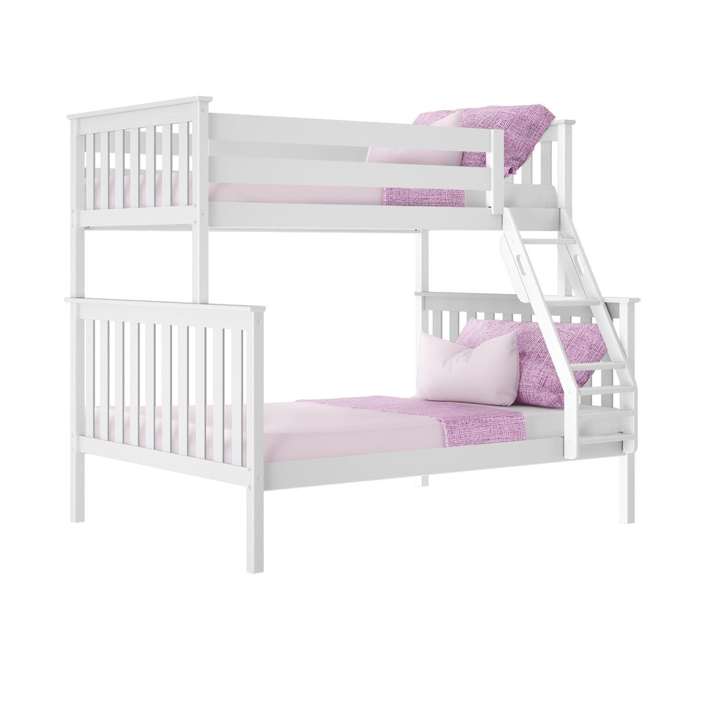Max and Lily Twin Over Full Bunk Bed in White - angle view on a plain background with pink bedding, top bunk safety guardrails, and slanted ladder