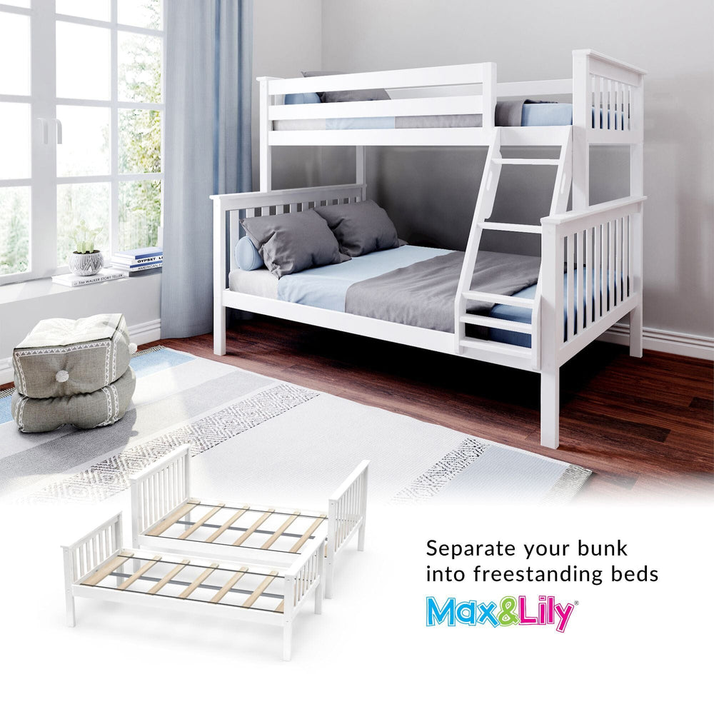Max and Lily Twin Over Full Bunk Bed in White - room scene with an inset showing the bunk separating into two freestanding beds