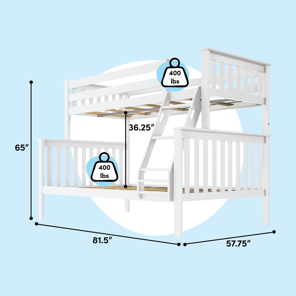 Max and Lily Twin Over Full Bunk Bed in White - dimensions diagram showing 65 inch height, 81.5 inch length, 57.75 inch width, 36.25 inch under-bunk clearance, and 400 lb weight capacity per bed
