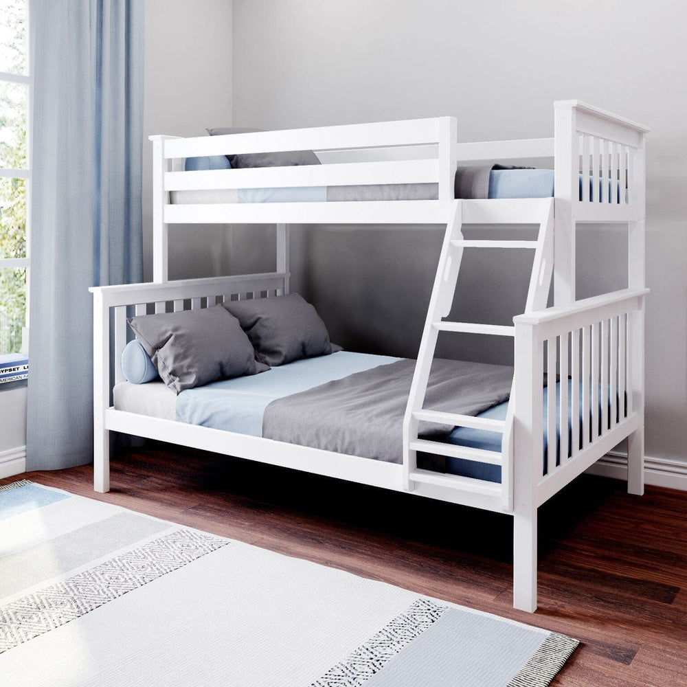 Max and Lily Twin Over Full Bunk Bed in White - angled room scene showing the full-length safety guardrails, slanted ladder, and blue bedding in a kids' bedroom
