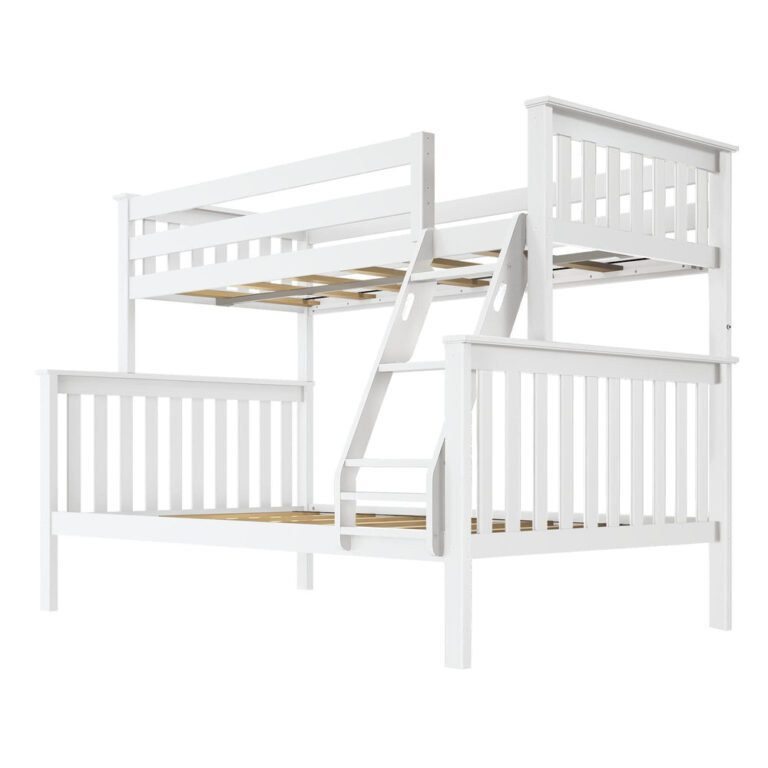 Max And Lily Twin Over Full Bunk Bed White Slat Detail Max and Lily Twin Over Full Bunk Bed in White - angle view of the bare frame showing the wooden slat supports on both bunks and the slanted ladder