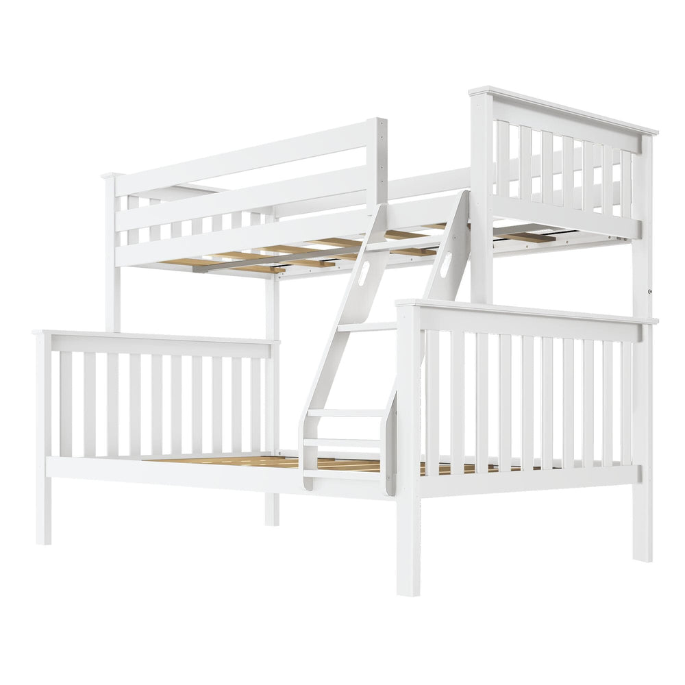 Max and Lily Twin Over Full Bunk Bed in White - angle view of the bare frame showing the wooden slat supports on both bunks and the slanted ladder