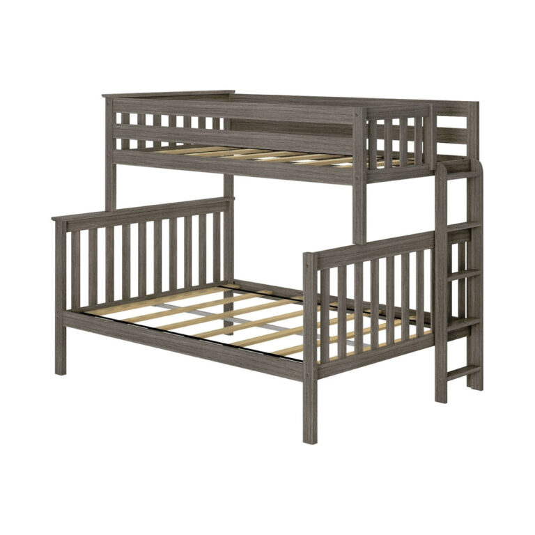Max and Lily Twin Over Full Bunk Bed With Ladder On End in Clay - angled product view on a plain white background showing the ladder on the end and the exposed slat platforms.
