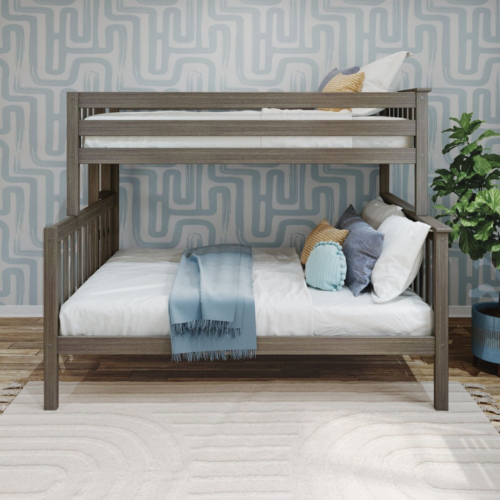 Max and Lily Twin Over Full Bunk Bed With Ladder On End in Clay - straight-on front view showing the twin upper bunk over the wider full lower bed against patterned wallpaper.
