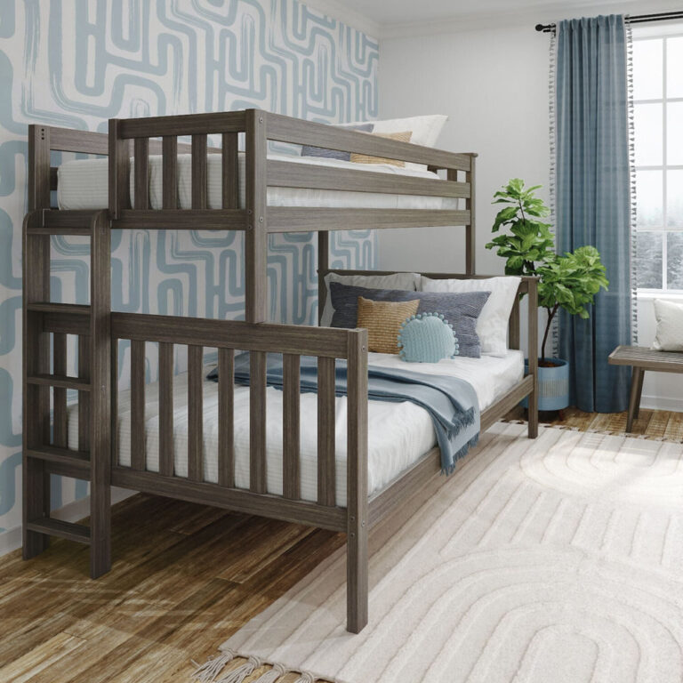 Max and Lily Twin Over Full Bunk Bed With Ladder On End in Clay - angled view in a styled bedroom with the ladder on the end and the lower full bed made up with pillows and a blue throw.