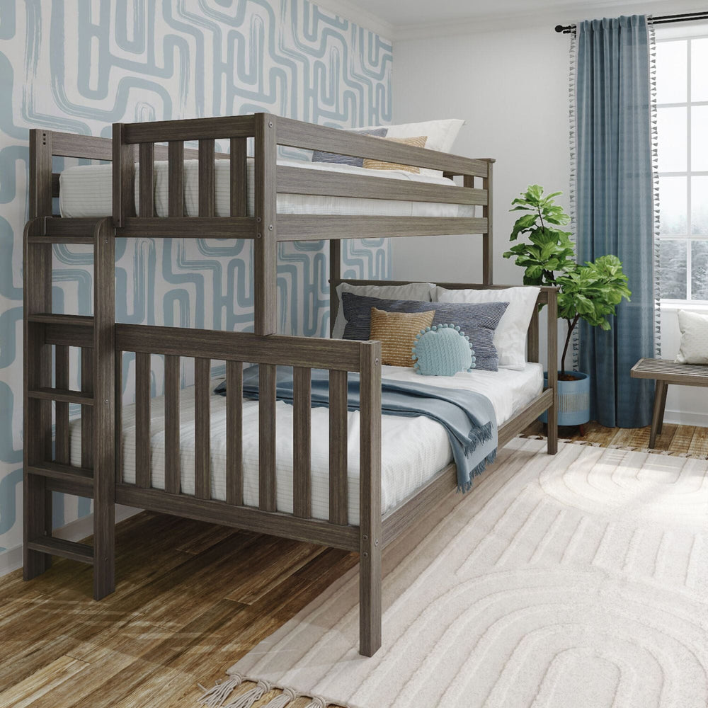 Max and Lily Twin Over Full Bunk Bed With Ladder On End in Clay - angled view in a styled bedroom with the ladder on the end and the lower full bed made up with pillows and a blue throw.