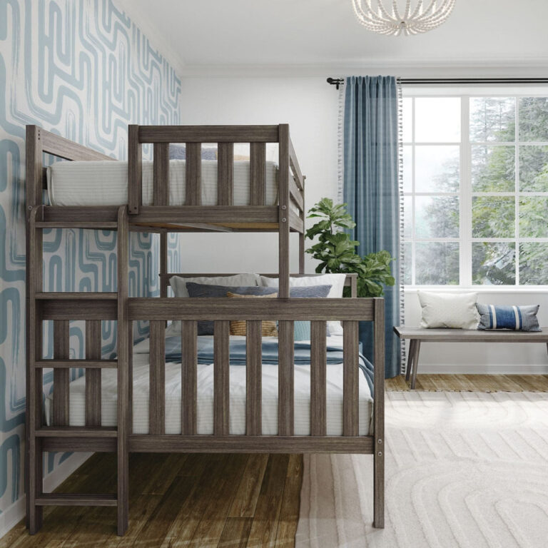 Max and Lily Twin Over Full Bunk Bed With Ladder On End in Clay - angled view in a bright bedroom with a window bench and curtains, showing the ladder mounted on the end.