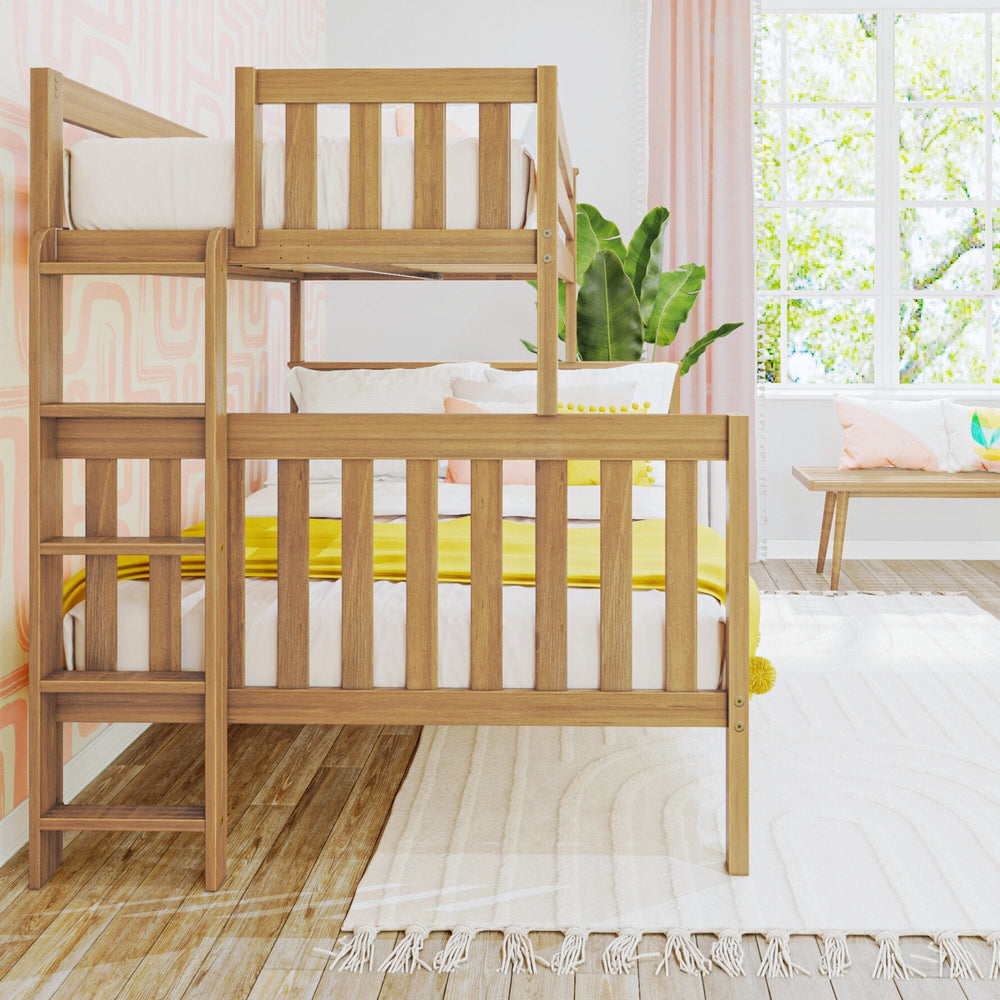 Max and Lily Twin Over Full Bunk Bed With Ladder On End in Pecan - angled view of the ladder end and lower bunk in a bright bedroom by a window.