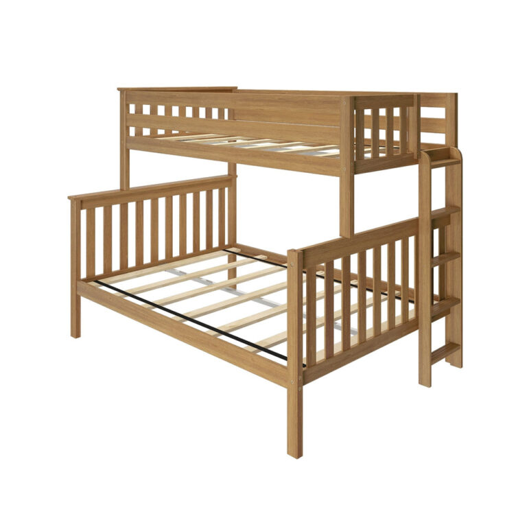 Max and Lily Twin Over Full Bunk Bed With Ladder On End in Pecan - angled studio view on a white background showing the end ladder and slat bases.