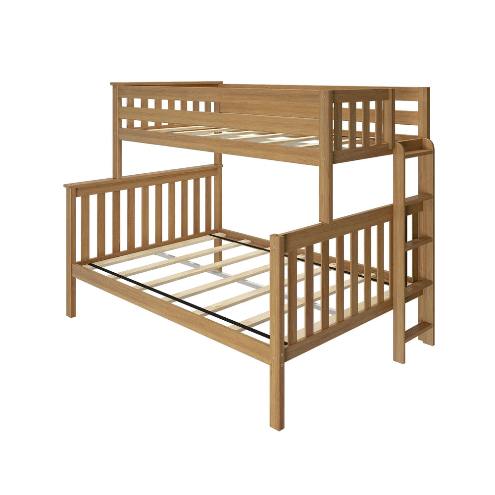 Max and Lily Twin Over Full Bunk Bed With Ladder On End in Pecan - angled studio view on a white background showing the end ladder and slat bases.