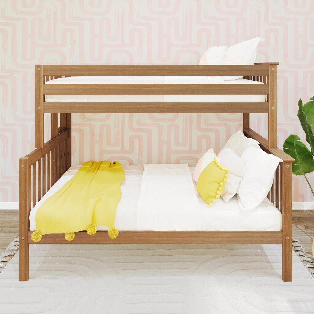 Max and Lily Twin Over Full Bunk Bed With Ladder On End in Pecan - front view of the lower full bunk styled with white bedding and a yellow throw.