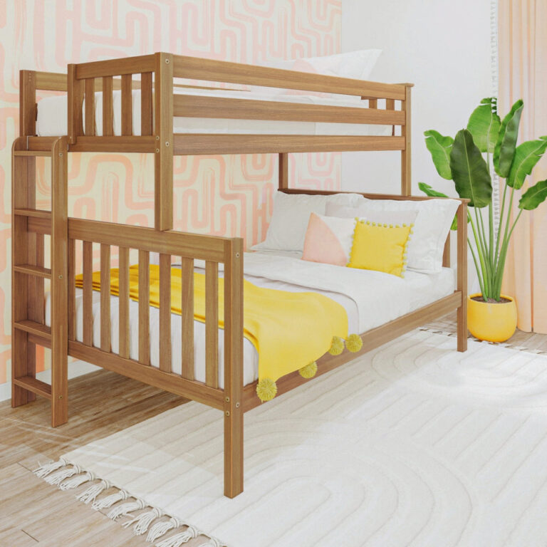 Max and Lily Twin Over Full Bunk Bed With Ladder On End in Pecan - angled view in a styled bedroom with a leafy plant and yellow throw blanket.