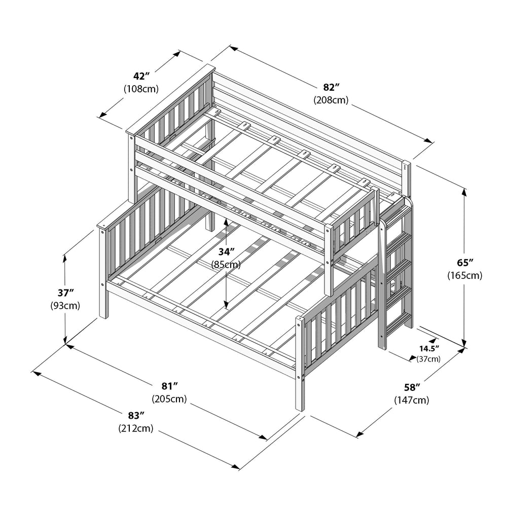 Max and Lily Twin Over Full Bunk Bed With Ladder On End in Walnut - line drawing with overall dimensions labelled in inches and centimetres